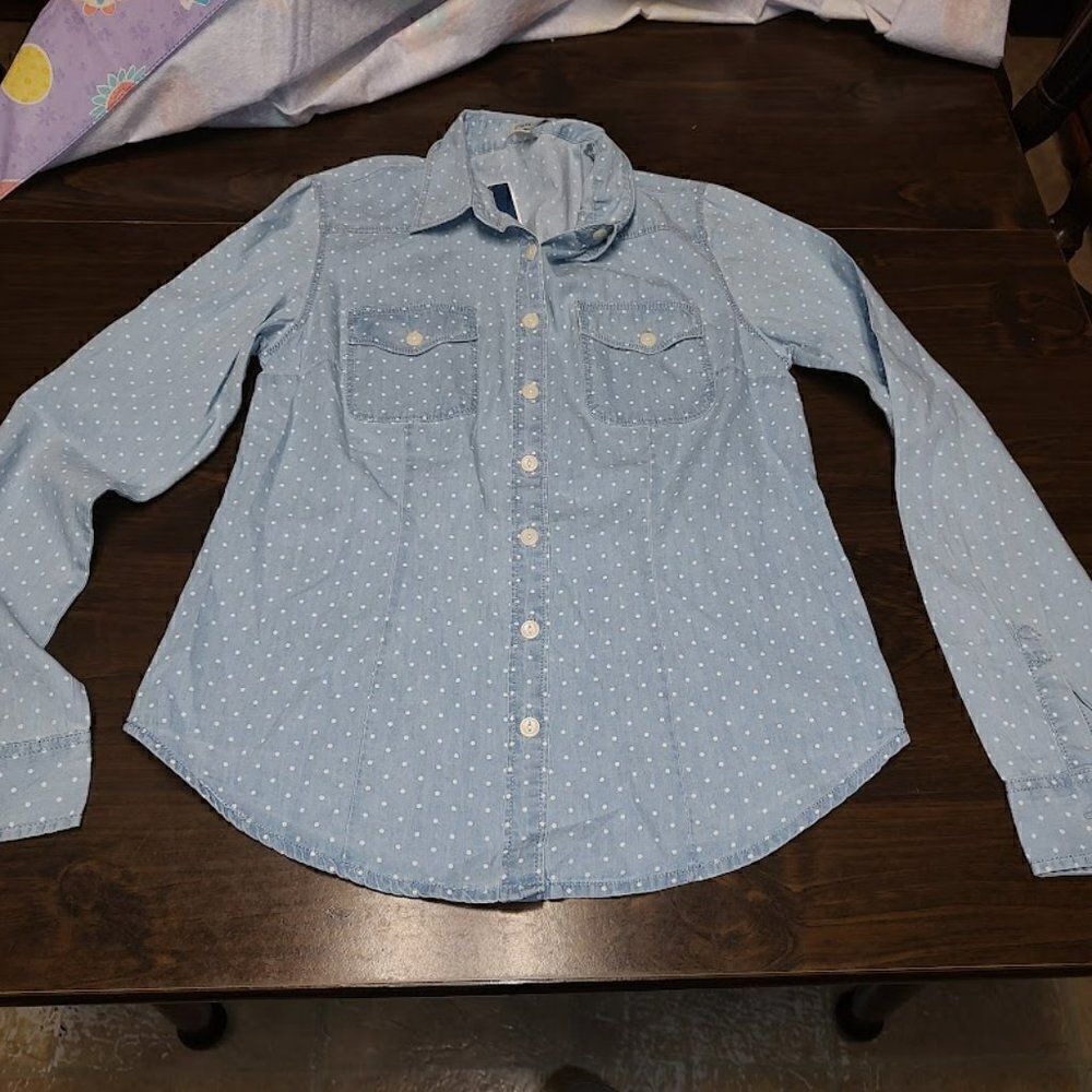 New Per Se Blue Chambray Dot Button Down Long Sleeved Shirt Size Women's Small